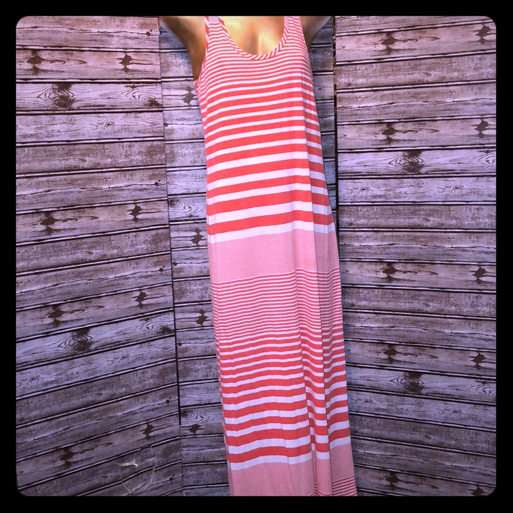 🌴LILY BLEU BEACH-CORAL & WHITE STRIPED MAXI DRESS